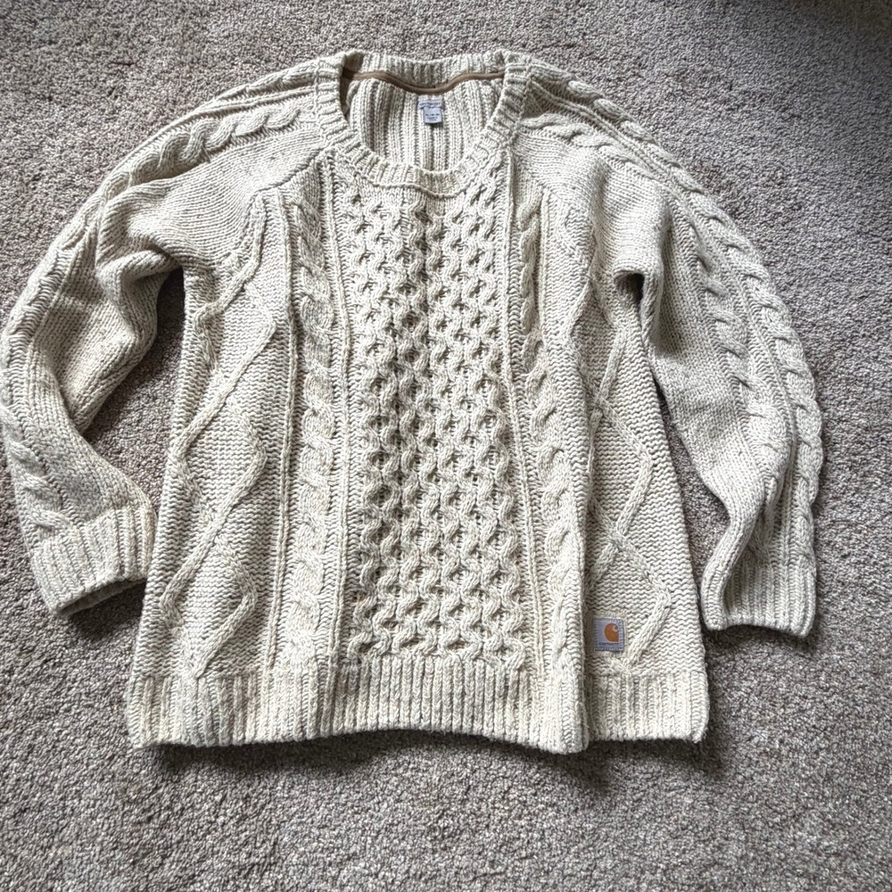 Carhartt Oatmeal Cable Knit Sweater Elbow Patches Women's XL Cabincore Gorpcore